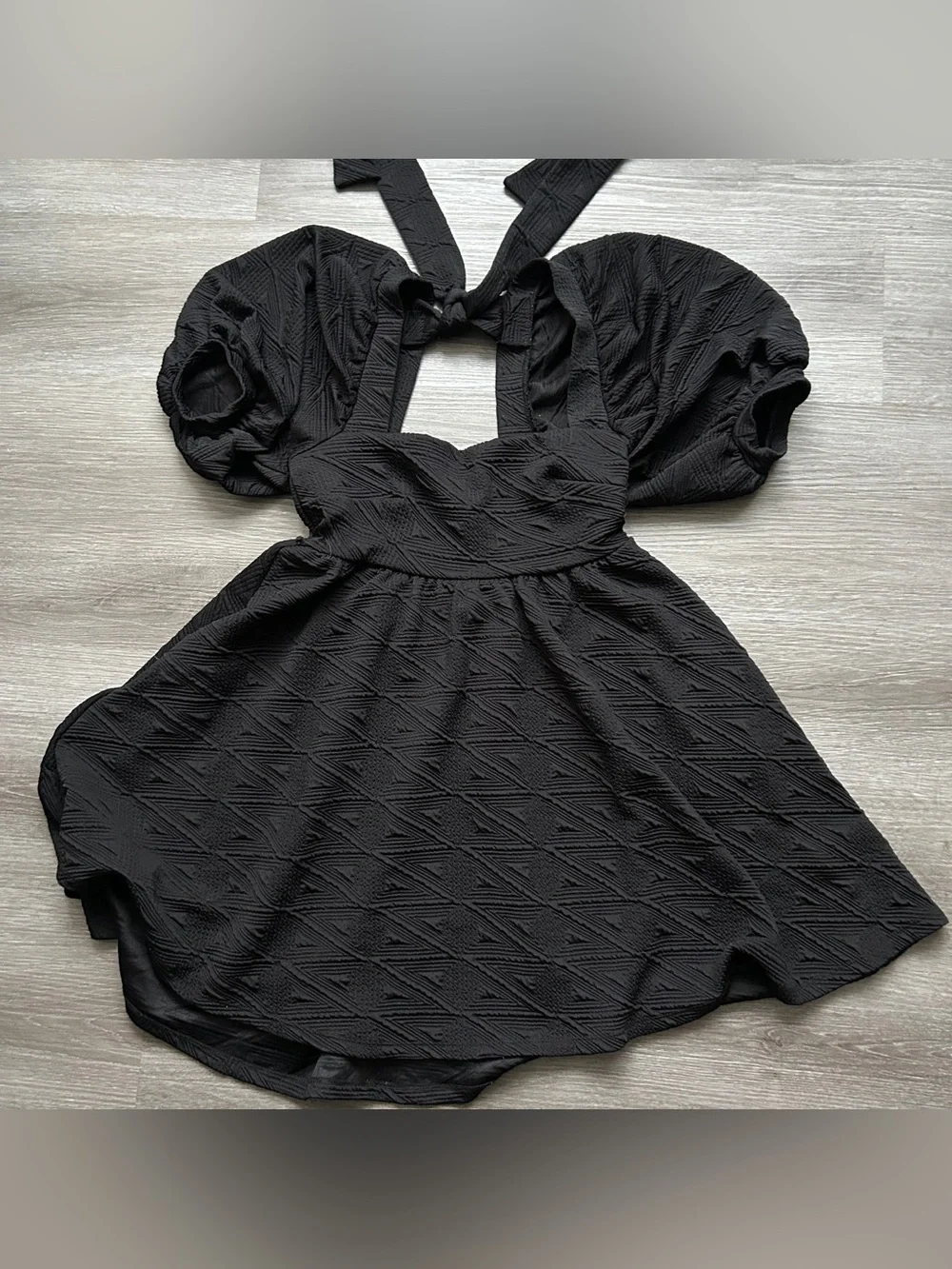 Free People Violet Puff Sleeve Jacquard Babydoll Mini Dress XS Black